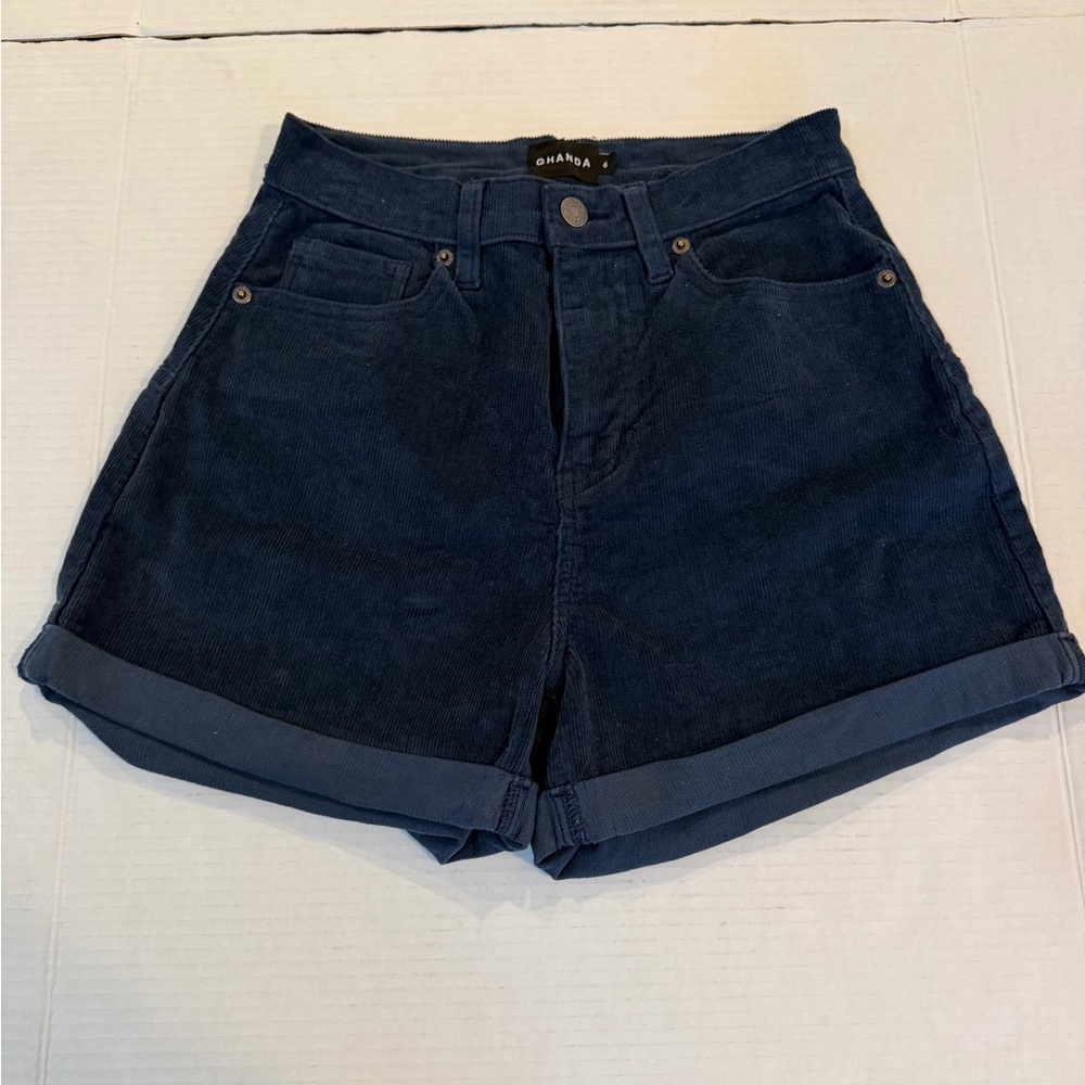 Ghanda Navy High Waist Corduroy Roll-Hem Shorts